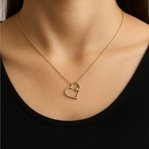 Vintage Gold Tone Heart Pendant Necklace 18” Faux Diamond Dainty Minimalist Gift